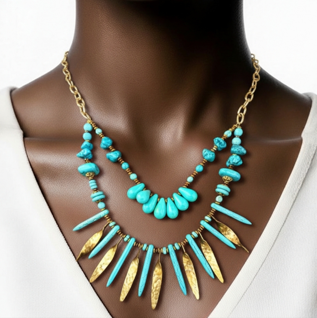 Turquoise Brass Multi Strand Fringe Necklace